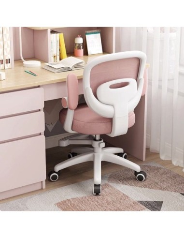 Silla de estudio JOLIVET, blanca, brazos, ergonómica, regulación de altura, malla y asiento rosa