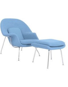Sillón con ottoman WOW, fibra de vidrio, acero inoxidable, tejido cachemir azul claro